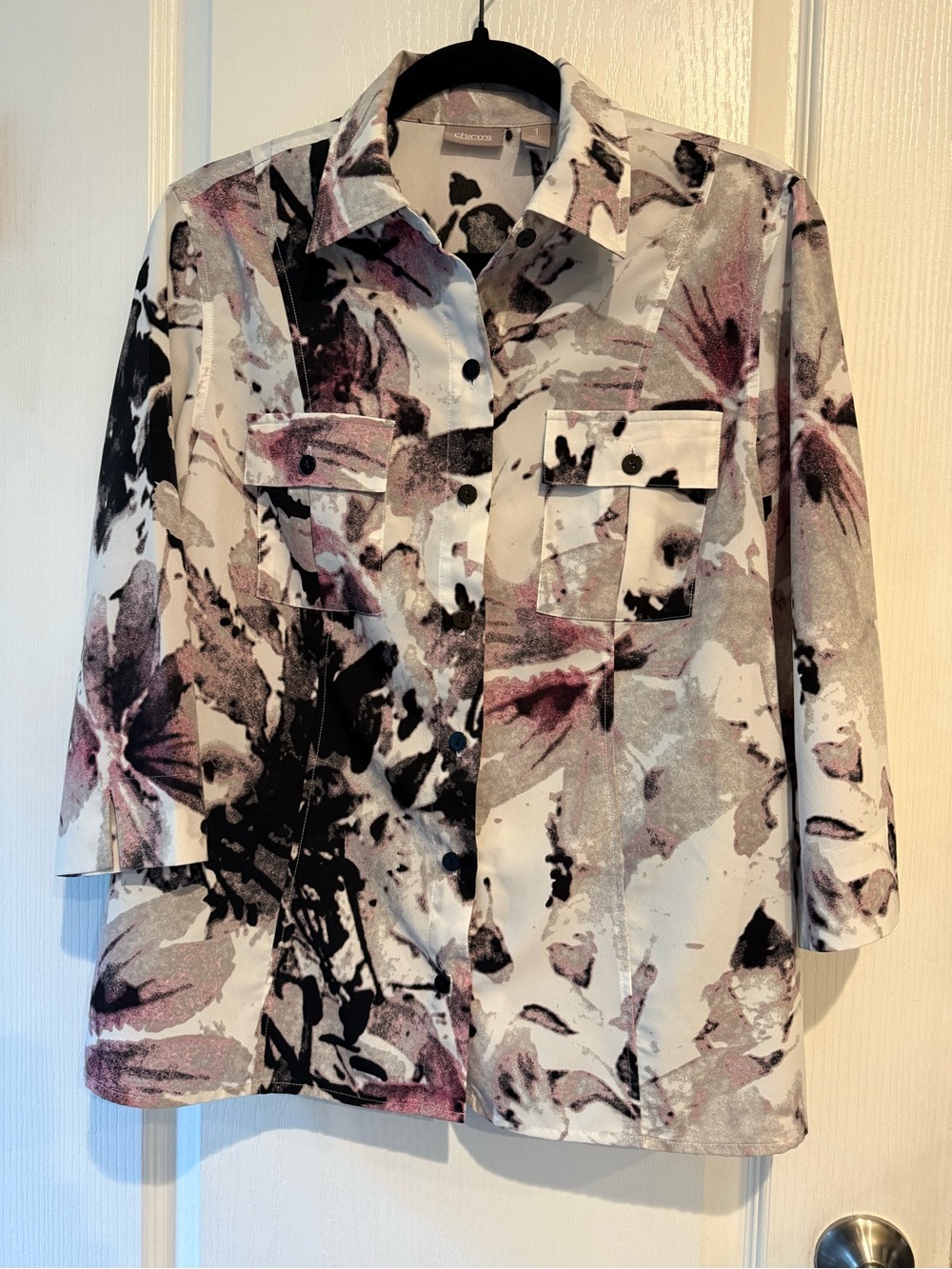 Chico's Collared Printed Shirt Jacket in White, Black & Mauve